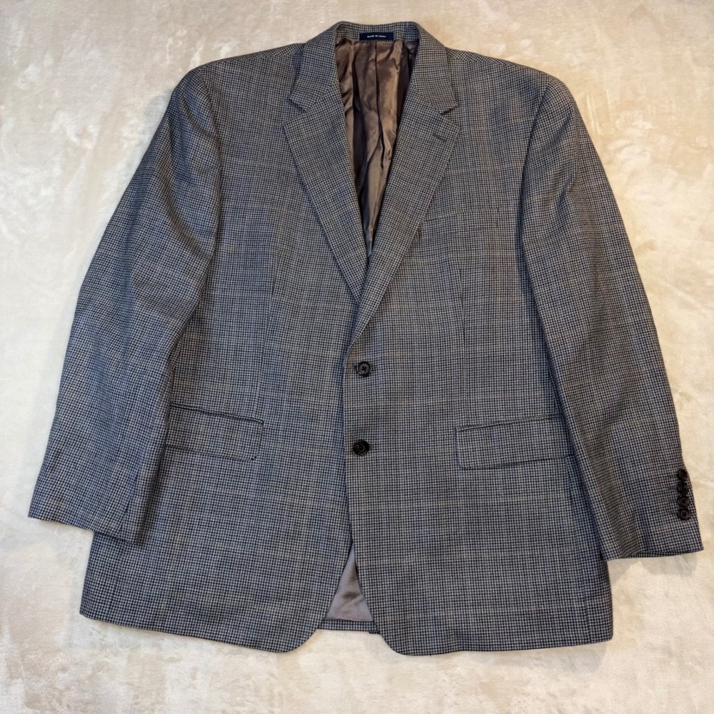 Ralph Lauren Mens 46R Silk Wool Houndstooth Blazer Grey Blue Sport Coat